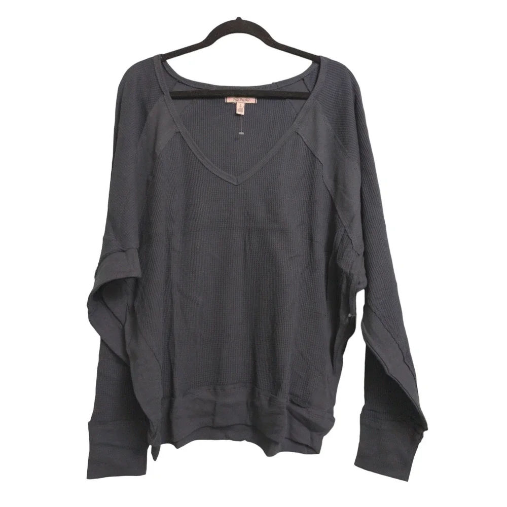 Free People Santa Clara Thermal Top Shirt Black Slouchy V-Neck L New - Picture 2 of 12